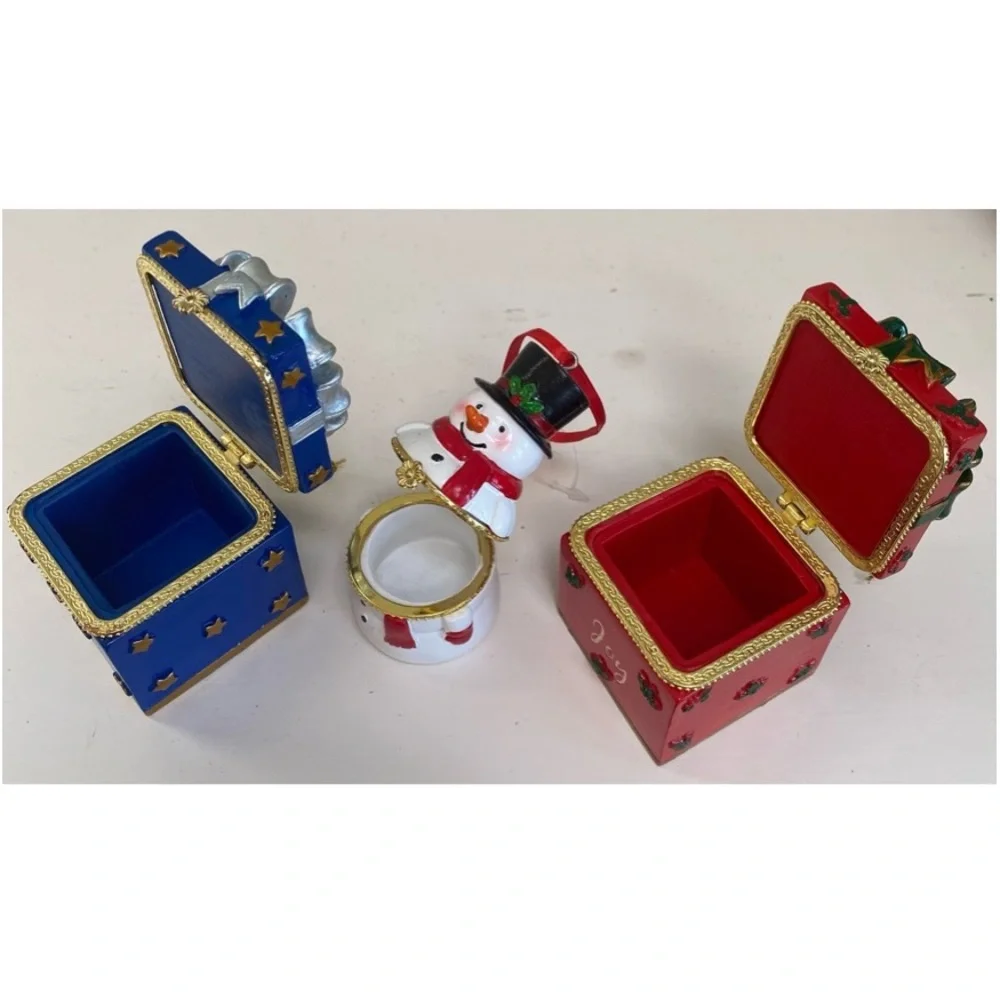 Christmas Ornaments Snowman Luxury Trinket Box Set Collectible Gold Jewel Tones